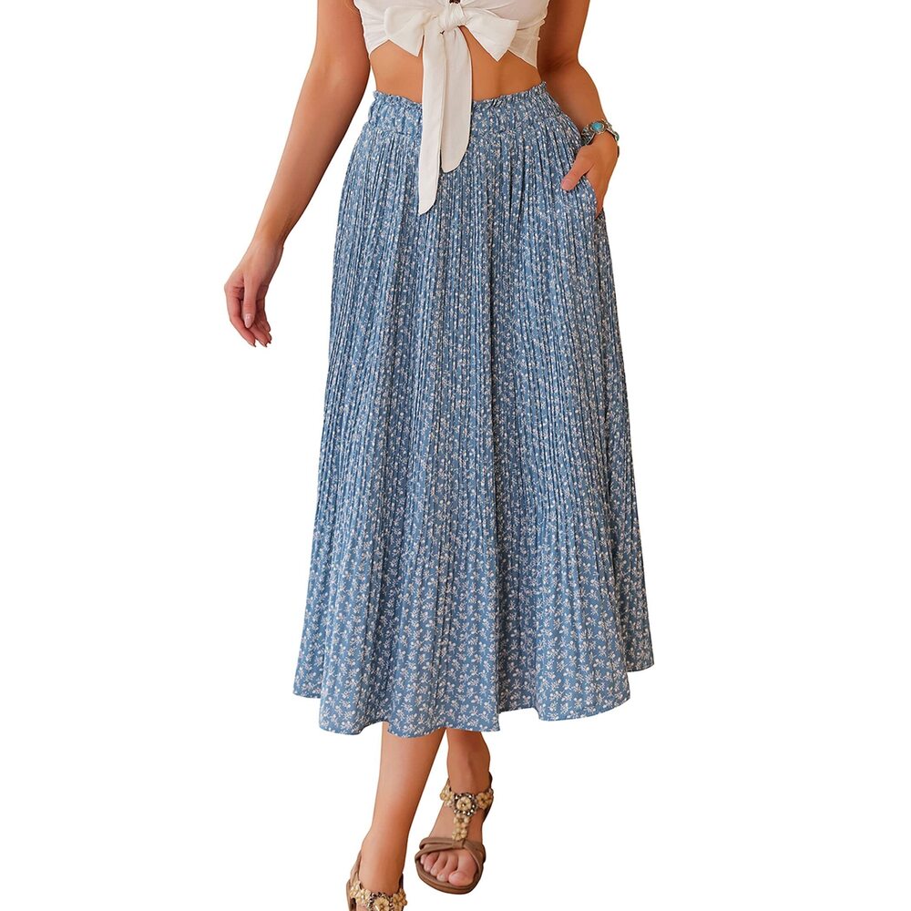 9266 Skirt High Waisted Boho Skirts A-Line Calf Length Pleated Skirt